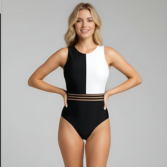 Two Tone Mesh Zip Back One Piece Swimsuit Bathing Suit - Picture 1 of 5